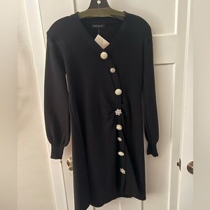 Black v neck sweater dress with buttons. O/S